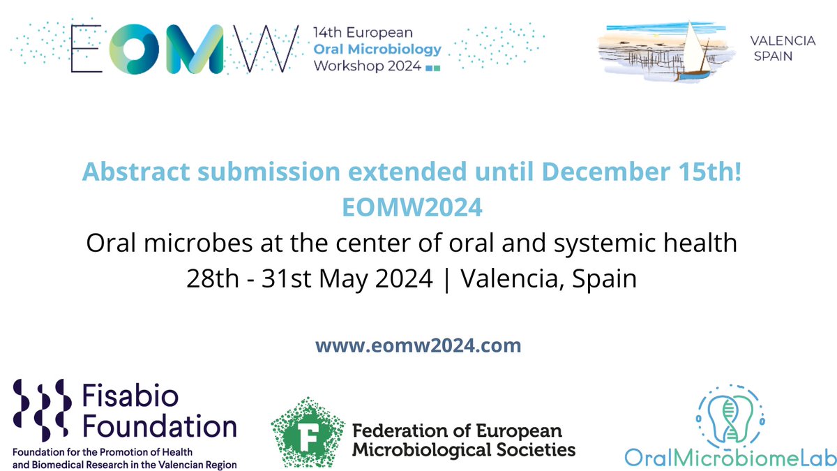 We are organizing the next European Oral Microbiology Workshop #EOMW2024 at a beautiful location in Valencia (28 - 31 May 2024). The abstract submission has been extended until the 15th of December! More information: eomw2024.com/abstract-submi… Research topics below⬇️