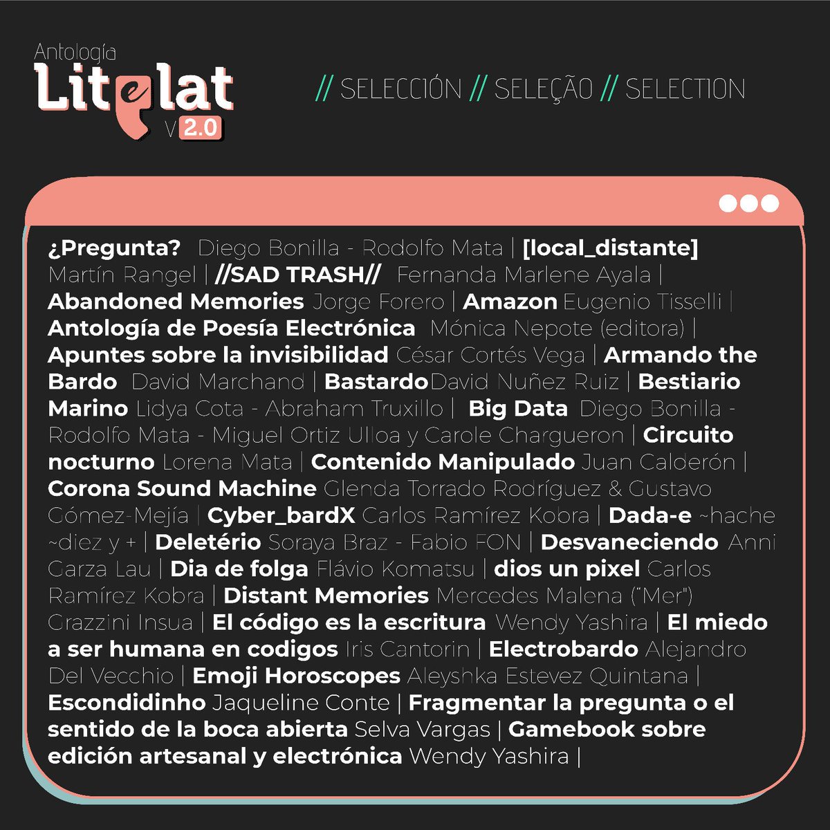 Los resultados de la convocatoria fueron publicados y enviados a quienes postularon obras para la Antología LitELat - V.2. 

Os resultados da chamada foram publicados e enviados aos postuladores de obras para a Antología LitELat - V.2.