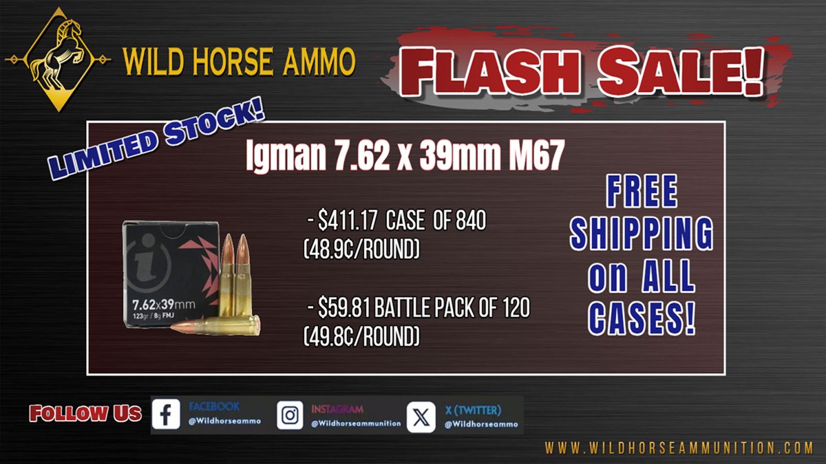 wildhorseammo's tweet photo. Flash Sale!! 7.62x39mm M67 - Limited Stock! Free Shipping on ALL Cases! #ammo #ammunition #ammunition #federalammunition #fiocchiammunition #apexammunition #igman #igmanammo #guns #gunseason #gunsafety #gunsdaıly #gunsdaily #gunsofinstagram #gunshotchallenge https://t.co/8IHA9bptoG