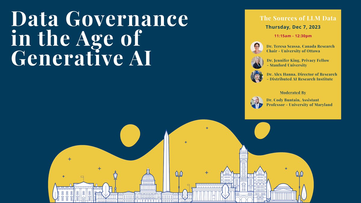 The Digital Trade and Data Governance Hub (@datagovhub) on Twitter photo Our first panel of the day will explore "The Sources of #LLM #Data" with <a href="/CDTSuOttawaCLTS/">CDTS | CLTS • uOttawa</a>'s TeresaScassa, <a href="/StanfordHAI/">Stanford HAI</a>'s <a href="/kingjen/">Jen King, PhD</a>, and <a href="/DAIRInstitute/">Distributed AI Research Institute is on Mastodon</a>'s <a href="/alexhanna/">Alex Hanna (اليكس حنٌا)</a> on a panel moderated by <a href="/INFOCollegeUMD/">UMD College of Information</a>'s <a href="/codybuntain/">Cody Buntain | @cbuntain.bsky.social</a>. Tune in live!
🔗 bit.ly/3uqoIBm Our first panel of the day will explore "The Sources of #LLM #Data" with <a href="/CDTSuOttawaCLTS/">CDTS | CLTS • uOttawa</a>'s TeresaScassa, <a href="/StanfordHAI/">Stanford HAI</a>'s <a href="/kingjen/">Jen King, PhD</a>, and <a href="/DAIRInstitute/">Distributed AI Research Institute is on Mastodon</a>'s <a href="/alexhanna/">Alex Hanna (اليكس حنٌا)</a> on a panel moderated by <a href="/INFOCollegeUMD/">UMD College of Information</a>'s <a href="/codybuntain/">Cody Buntain | @cbuntain.bsky.social</a>. Tune in live!
🔗 bit.ly/3uqoIBm
