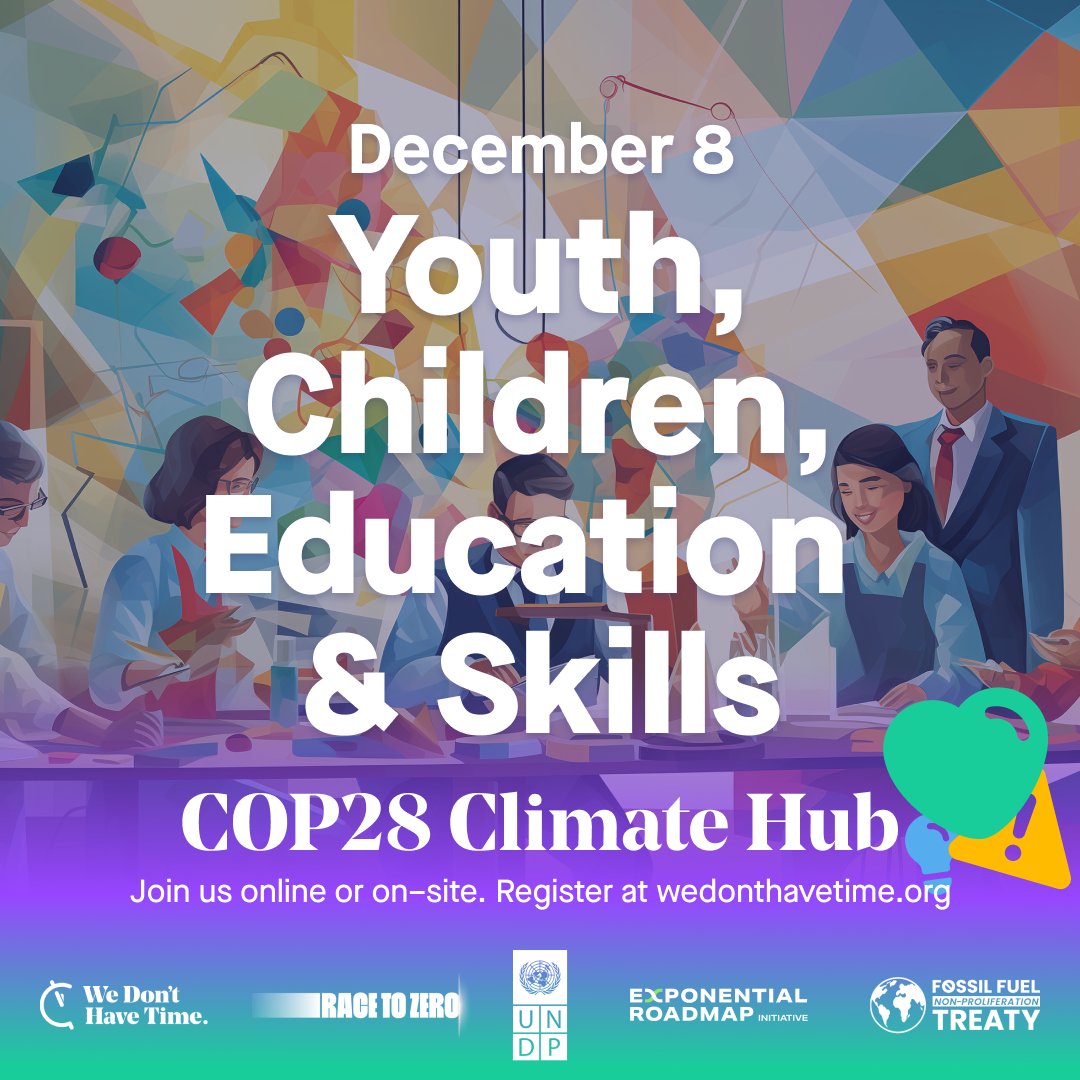 Youth are at the forefront of #ClimateAction.

Join youth leaders at #COP28 during @WeDontHaveTime's Climate Hub for a conversation with @MkDeborah250, @MohamedIMaray & #Generation17 young leader @ZJunjunia.

📅 8 December
🕔 4:30pm GST
📍 bit.ly/3NfSP5h

#Youth4Climate