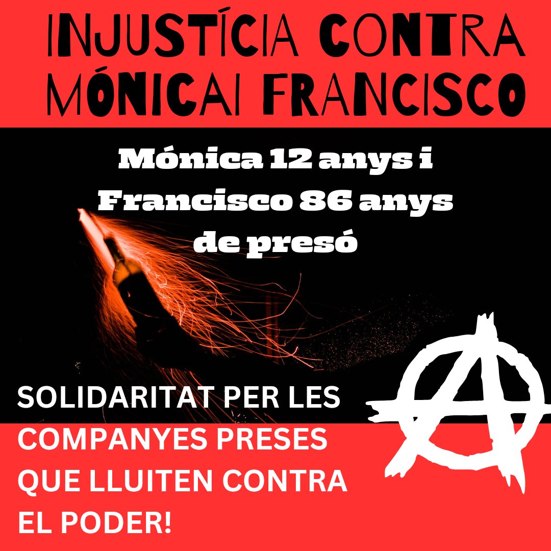 FederacioA's tweet photo. Ja hi ha sentència contra #monicacaballero i #franciscosolar: 12 i 86 anys, respectivament, de presó per lluitar contra l'opressió de l'estat #monicayfranciscoalacalle #anarquiaobarbarie https://t.co/1BEADbH3EE