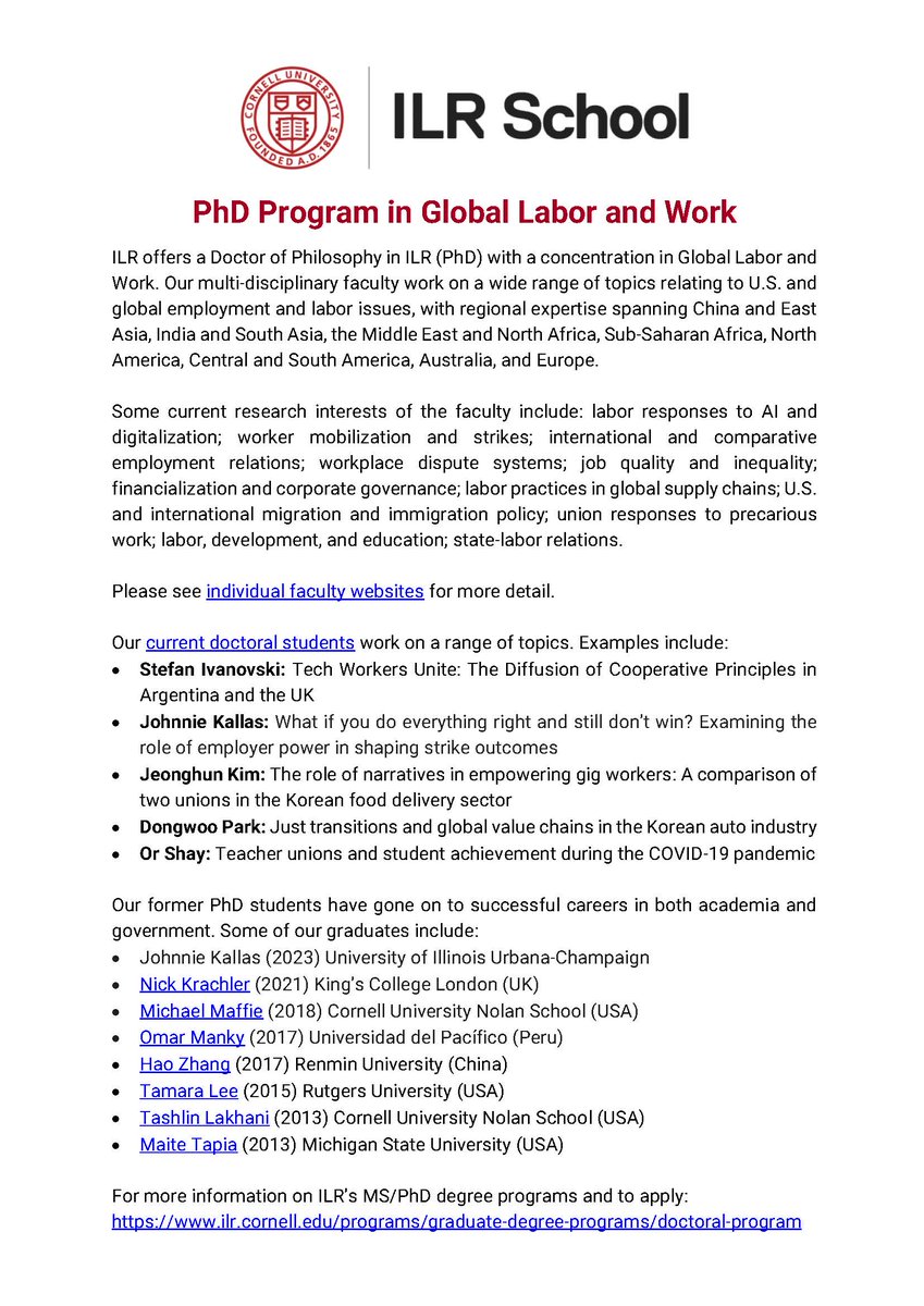 Attention aspiring scholars in Work & Employment and Industrial Relations... Just one week remains until the deadline for @cornellilr #PhD program applications. #GlobalLaborandWork