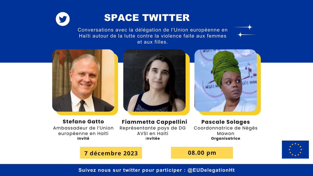 #RAPPEL

Rendez-vous ce soir à 8h dans ce #TwitterSpace pour une conversation fructueuse avec <a href="/StefanoGatto6/">Stefano Gatto</a>, @fiammettahaiti et <a href="/PascaleSolages/">Pascale Solages</a> autour de la lutte contre la violence faite aux femmes et aux filles

Soyez à l’heure 🙏🏾

#OrangezLeMonde #16joursdactivisme #DUEHAITI
