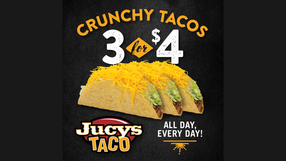JucysTaco's tweet image. 🥳🌮 The turkey had its moment; now it's time for the tacos to shine! Celebrate the return to normalcy with 3 Crunchy Tacos for $4 at Jucys Taco. Who's ready for a taco-filled post-Thanksgiving celebration? Tag your Taco-Bestie! 🌮🎉 #TacosForever #BackToNormalBites