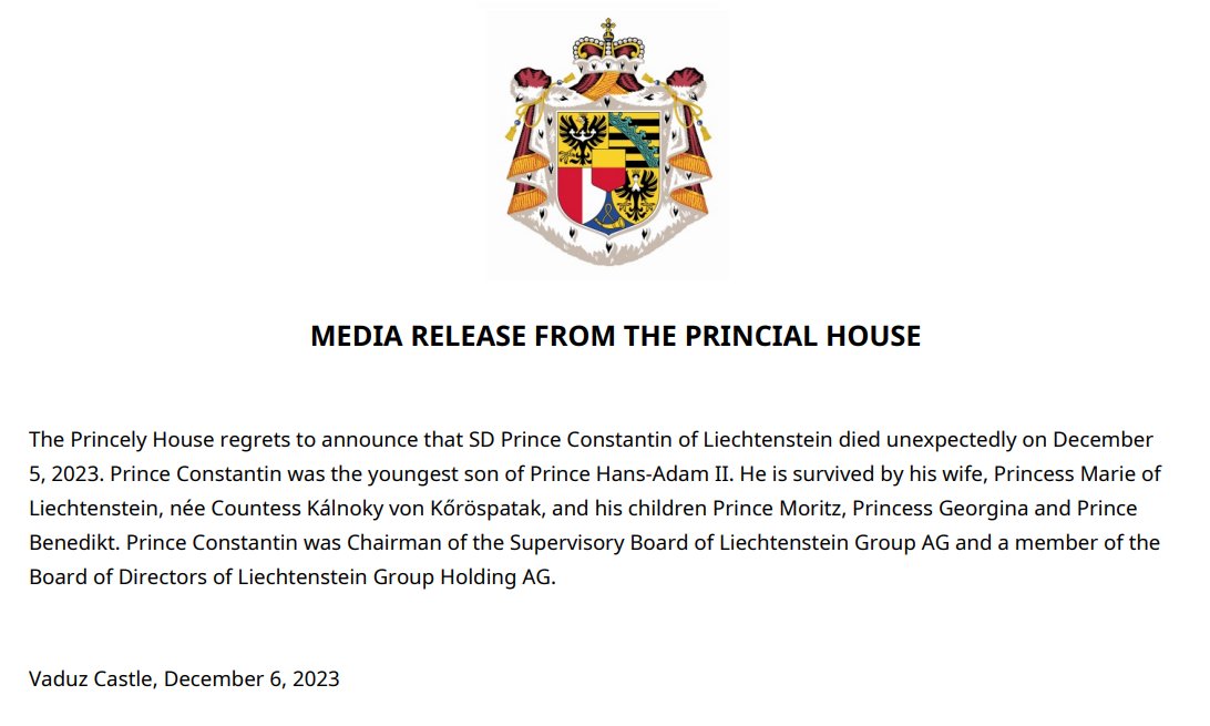 NEW - Prince Constantin of Liechtenstein dies 'unexpectedly' at 51, the Princely House said in a statement.