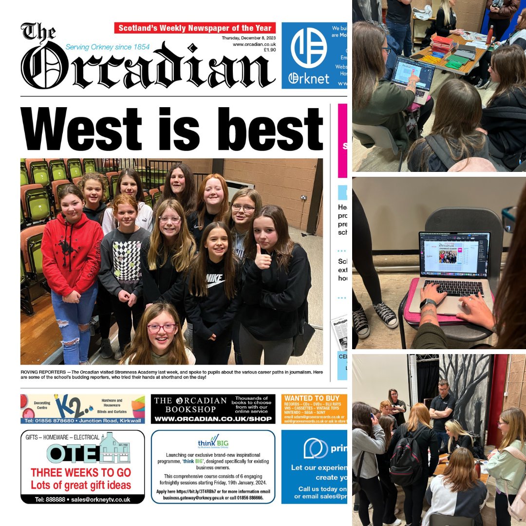 Last week, @The_Orcadian took part Lunch with an Employer at Stromness Academy. Pupils had the chance to learn about careers at the paper including journalism, design, newspaper production and advertising and also got to try shorthand and designing the front cover of the paper.