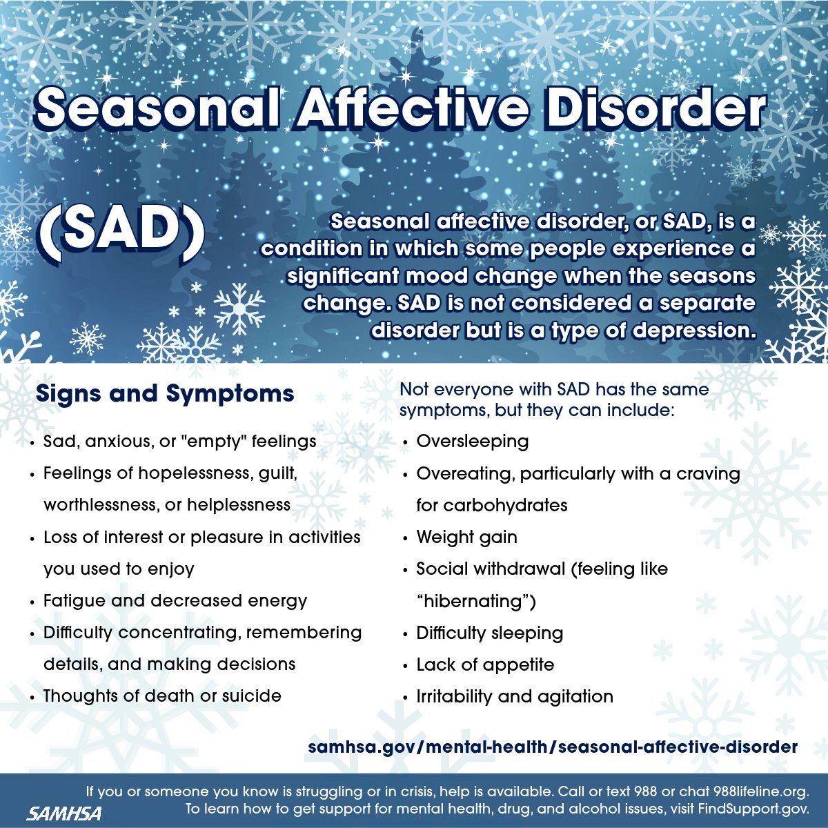 Oversleeping and social withdrawal (feeling like “hibernating”) are some of the symptoms of seasonal affective disorder (SAD). 

Learn more about SAD and how to get help: samhsa.gov/mental-health/…