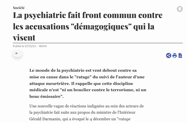♦️"Amalgames, démagogie"...La #psychiatrie est vent debout après les propos de Gérald Darmanin sur le "ratage" ds suivi de l'auteur d'1 attaque meurtrière. Plus de 30 organisations appellent à laisser #psychiatrie à sa juste place &amp; à ses missions de soin bit.ly/47MqziP