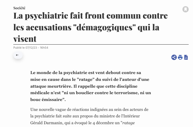 ♦️'Amalgames, démagogie'...La #psychiatrie est vent debout après les propos de Gérald Darmanin sur le 'ratage' ds suivi de l'auteur d'1 attaque meurtrière. Plus de 30 organisations appellent à laisser #psychiatrie à sa juste place & à ses missions de soin bit.ly/47MqziP