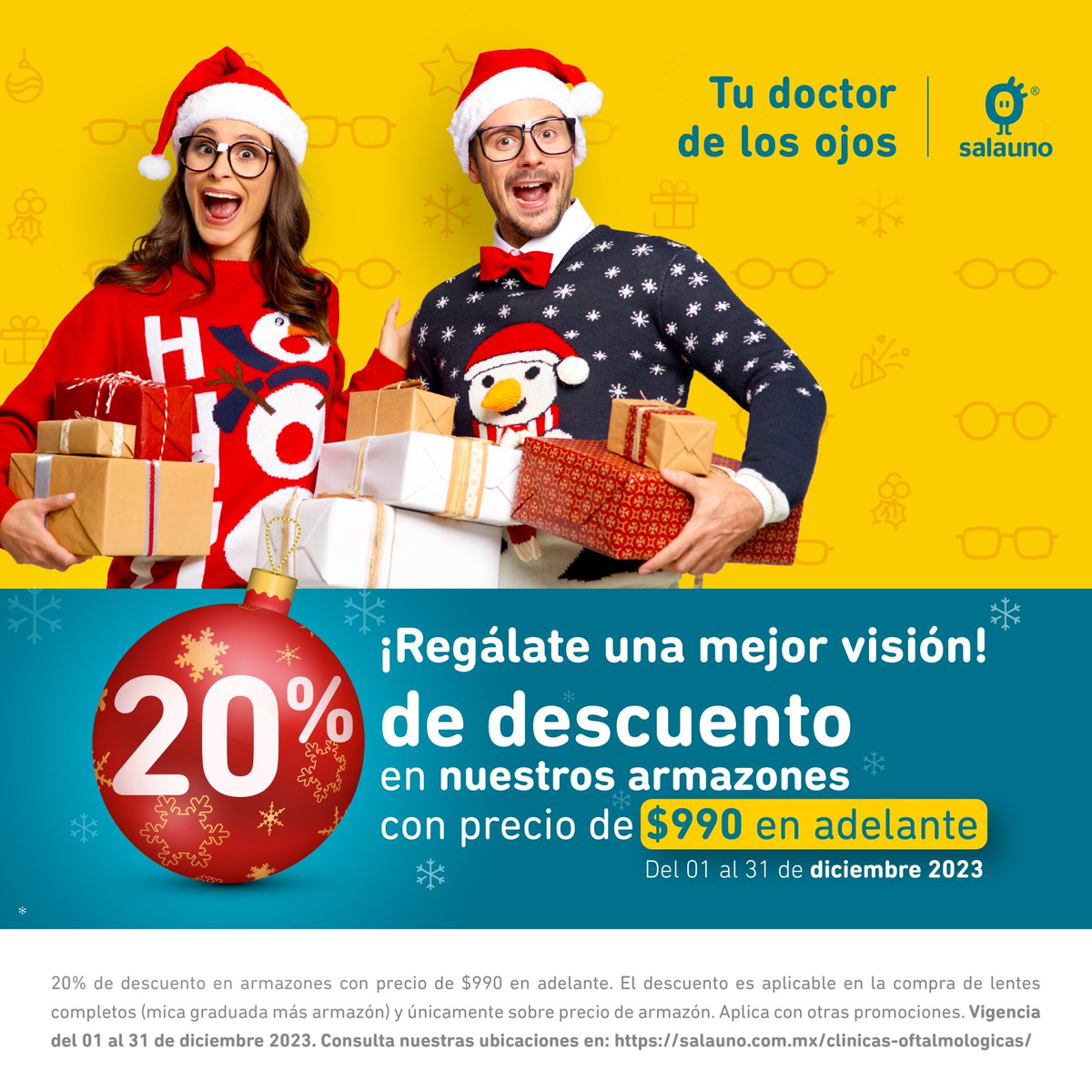 Este diciembre, regálate una visión clara y con mucho estilo con el 20% de descuento en nuestros armazones 👓✨​

¡Te esperamos en tu clínica salauno más cercana para que estrenes el modelo que más te guste! 🌲🎁​

#salauno #armazonesdemoda #armazonesopticos