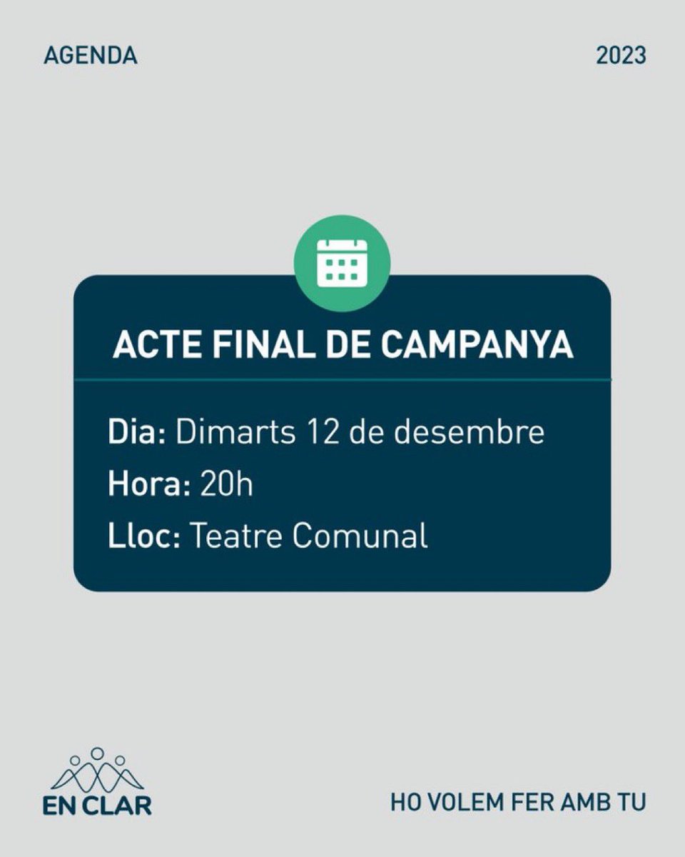 📣El dimarts dia 12 de desembre les 20 h t'esperem a l'acte de fi de campanya d'Enclar, al Teatre Comunal d'Andorra la Vella.

🗓️Apunta't la data!⬇️

#Enclar #Andorralavella #laMargineda #SantaColoma #Andorra #EC2023