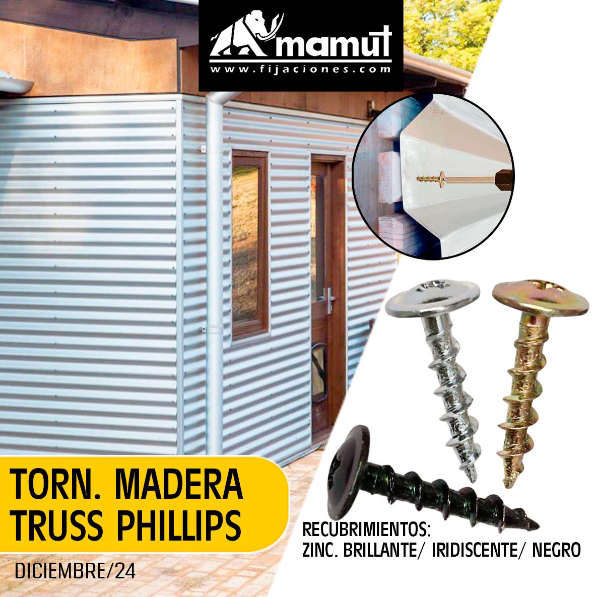 El tornillo para madera cabeza Truss  es una fijación especialmente para fijar superficies metálicas de hasta 0,5 mm de espesor  sobre base madera o bien para fijar piezas de madera entre si. Cuenta con tratamiento térmico para mayor resistencia  que  otorgan mejor protección.