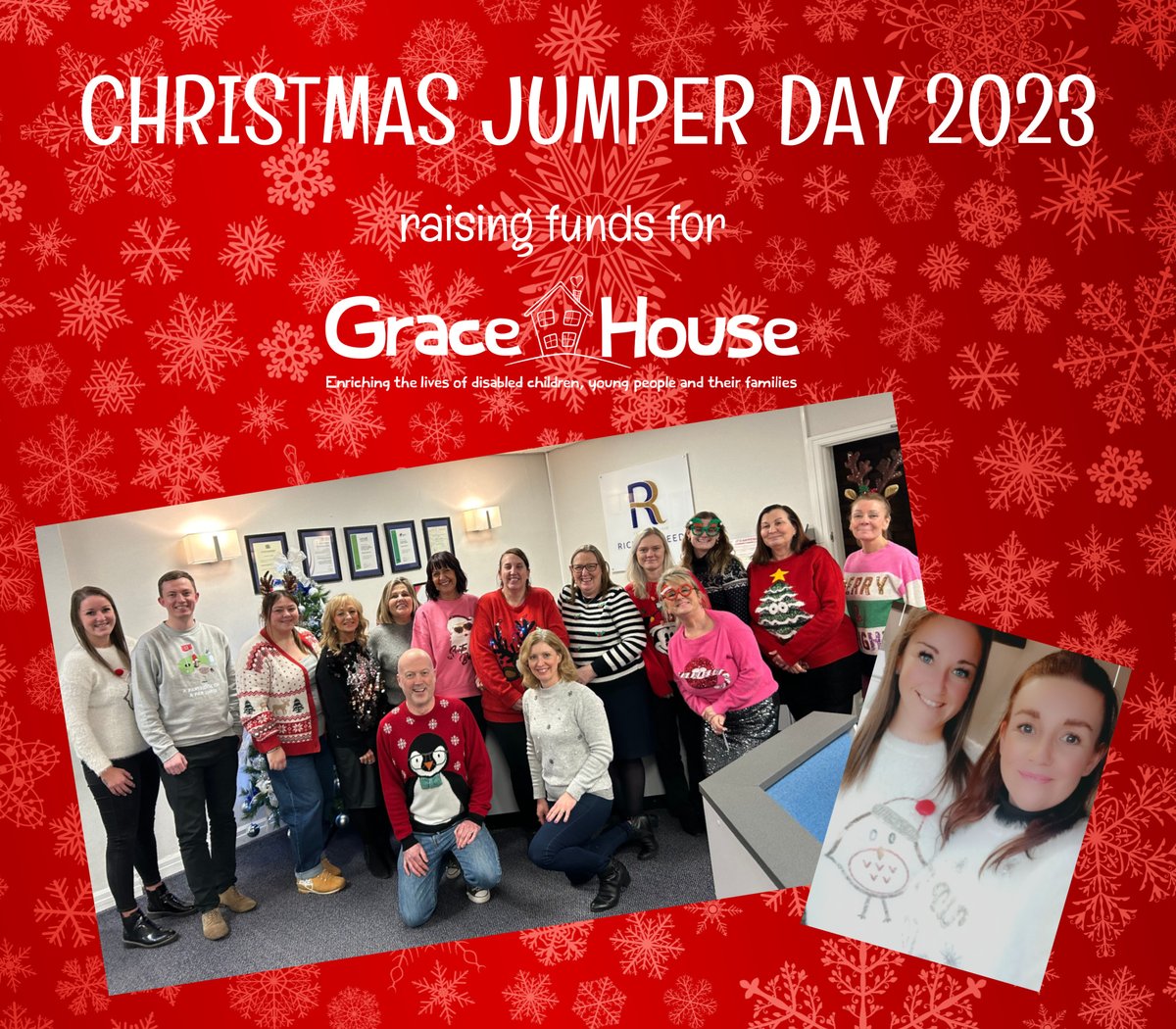 We donned our festive jumpers today to raise monies for <a href="/GraceHouse10/">Grace House</a>🎄👏🎄👏🎄👏🎄👏

Pictured below: Danielle, Leanne, Matthew, Julie W, Julie P, Sandra, Natalie, Sharon, Carole, Jade, Abigail, Alison, Mags, Val, Barry and Sarah 😃

#ChristmasJumperDay2023  #Sunderland