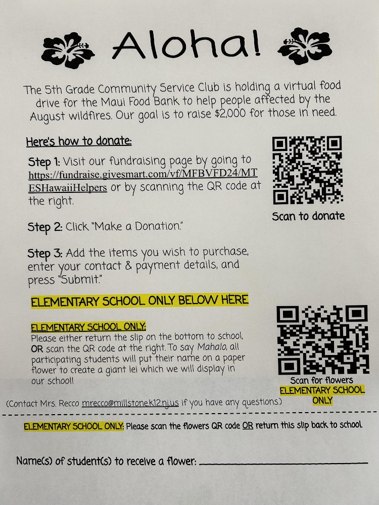 Fifth grade students volunteered during lunch and recess to establish a virtual food drive to assist people in Maui affected by August's wildfires. Students set a goal to raise $2,000 between Monday December 11- Friday December 22. All donations are given to the Maui Food Bank.