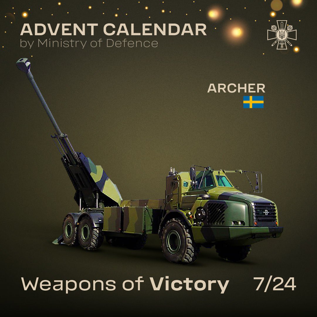 DefenceU's tweet photo. Ukrainian Advent Calendar: Day 7

Today, we express our gratitude to our Swedish friends from @ForsvarsdepSv for their resolute support of Ukraine. Because the colors of freedom are blue and yellow. We are particularly grateful for the Archer self-propelled howitzers provided to #UAarmy.

The Archers are one of the most modern 155mm howitzers in service with our troops. A fully automatic magazine, high precision and mobility make this howitzer an effective weapon to destroy occupiers and liberate 🇺🇦 land.

The first week of Weapons of Victory has come to a conclusion. Stay tuned for more.