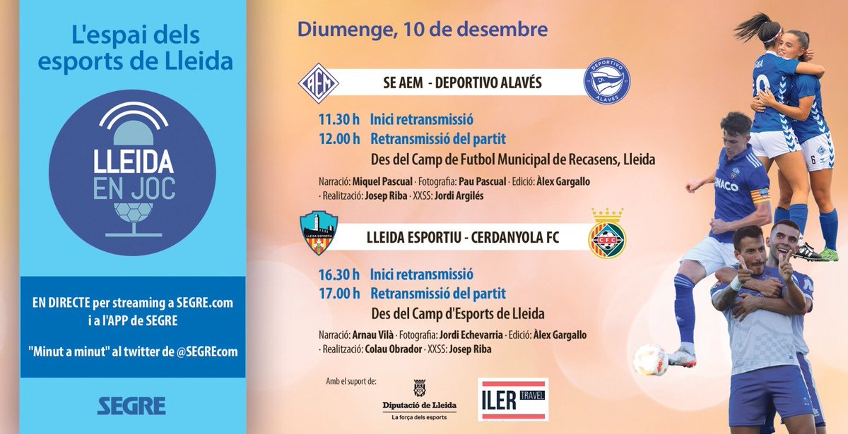 💥Aquest DIUMENGE, DOBLE ració de FUTBOL a #LleidaEnJoc⚽️

📆 Diumenge a les 12.00h: La <a href="/SEAEM_1925/">Secció Esportiva AEM</a> rep al Deportivo Alavés al Recasens! 
#AEMAlavés

📆 Diumenge a les 17.00h: El @SalvarLleidaEsp rep al Cerdanyola al Camp d'Esports! 
#LleidaCerdanyola