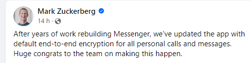 techinomys's tweet photo. After years of promises and limited tests, Meta has started rolling out default end-to-end encryption protection for @Messenger. In an announcement, Mark Zuckerberg said that personal chats and calls will get default end-to-end encryption. https://t.co/s0b0d2jVBq