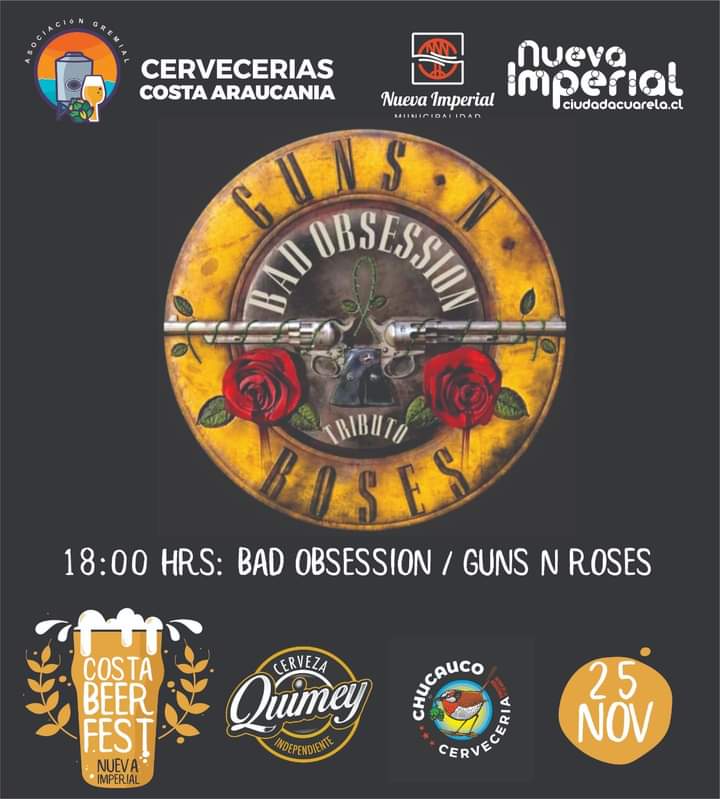 AFNChile's tweet photo. #BadObsession - #BandaTributo - #TributeBand - #CostaBeerFest - #NuevaImperial - #GunsNRoses - #GNR - #AppetiteForNewsChile - #AFNChile - #Noticiario - #Noticias - #News - #Rock - #RockNRoll - #Chile. https://t.co/VNUIMRlPxk