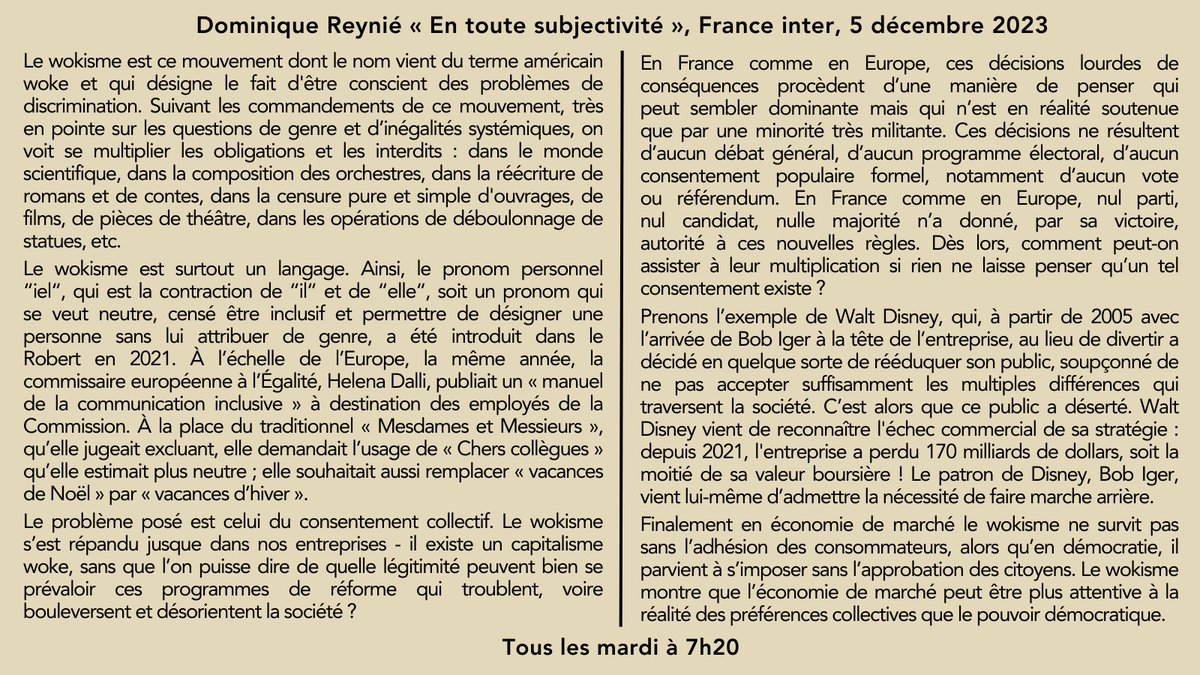 En économie de marché, le wokisme survit difficilement sans l’adhésion des consommateurs, alors qu’en démocratie il s’impose aisément malgré l'opposition des citoyens. Le texte de ma chronique pour @franceinter (chaque mardi à 7h20).