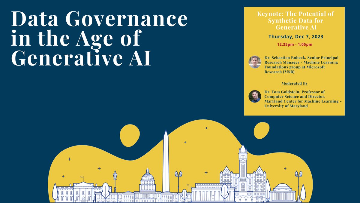 The Digital Trade and Data Governance Hub (@datagovhub) on Twitter photo Our keynote of the day about "The potential of Synthetic #Data for #GenerativeAI" will be delivered by Dr. <a href="/SebastienBubeck/">Sebastien Bubeck</a> of <a href="/Microsoft/">Microsoft</a>, moderated by <a href="/umdcs/">UMD Department of Computer Science</a>' Dr. <a href="/tomgoldsteincs/">Tom Goldstein</a>. Learn how this #data input can simplify and broaden a wide range of #NLP tasks. Our keynote of the day about "The potential of Synthetic #Data for #GenerativeAI" will be delivered by Dr. <a href="/SebastienBubeck/">Sebastien Bubeck</a> of <a href="/Microsoft/">Microsoft</a>, moderated by <a href="/umdcs/">UMD Department of Computer Science</a>' Dr. <a href="/tomgoldsteincs/">Tom Goldstein</a>. Learn how this #data input can simplify and broaden a wide range of #NLP tasks.