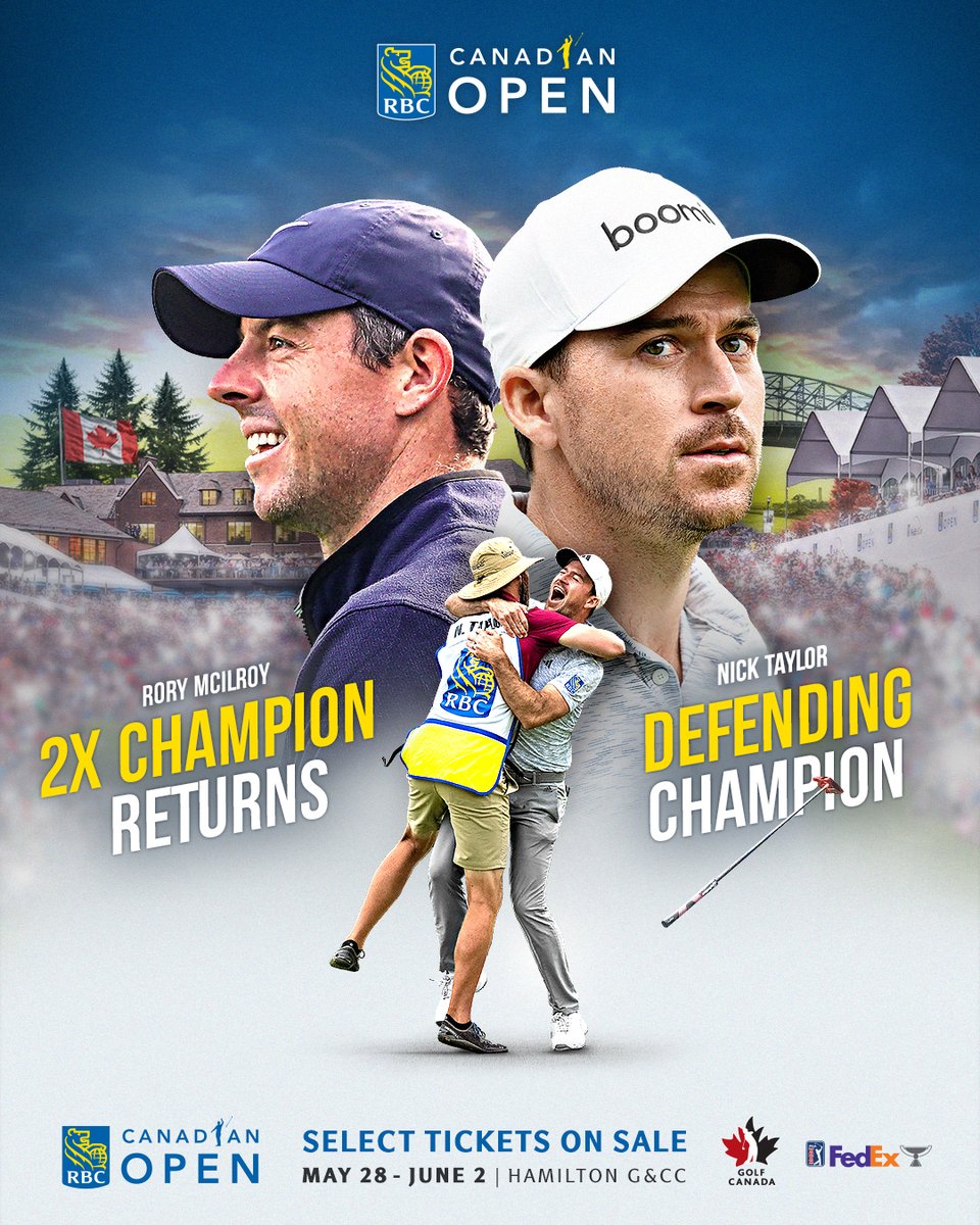 RBCCanadianOpen's tweet image. Rory's back and Nick defends his title at the 2024 RBC Canadian Open at Hamilton Golf &amp;amp; Country Club! 
Get your tickets today at rbccanadianopen.com/tickets/