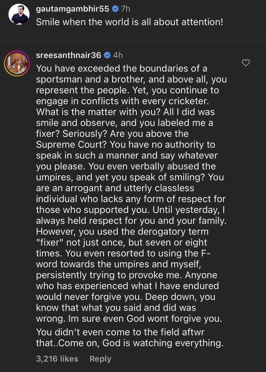 ixxcric's tweet image. Unreal ! This fight between Sreesanth &amp;amp; Gautam Gambhir is now getting out of hands,after the video by Sreesanth, now this comment under GG&apos;s post! 

With a comment as such,it does look like GG has made huge statements.

#Sreesanth | #GautamGambhir