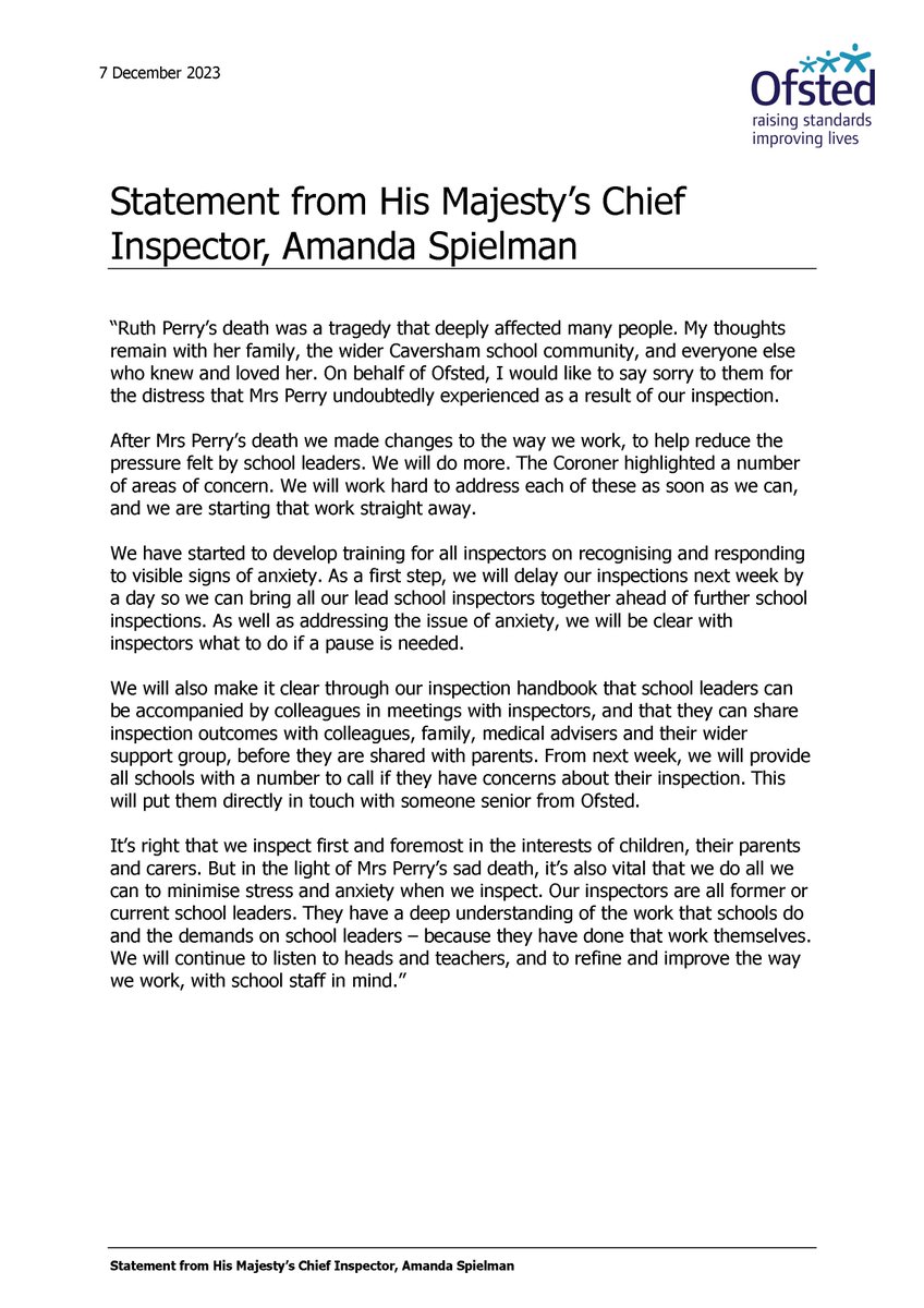 A statement from His Majesty's Chief Inspector, Amanda Spielman, on the conclusion of the Coroner's inquest into the death of headteacher Ruth Perry: gov.uk/government/new…