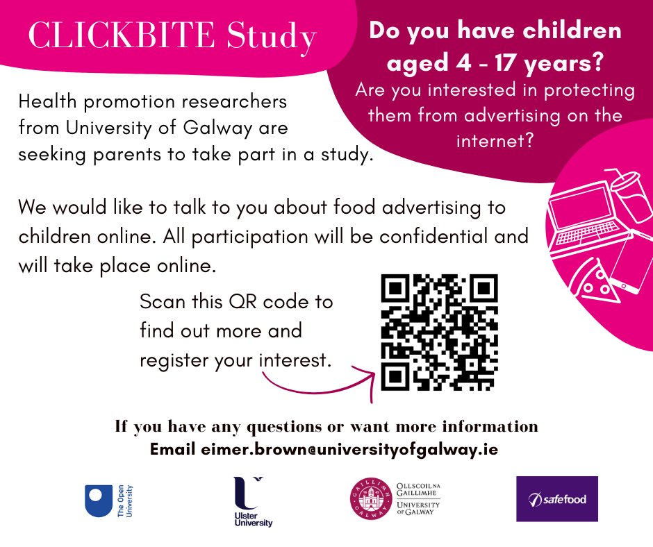 University of Galway CMNHS (@galwaycmnhs) on Twitter photo Health promotion researchers at University of Galway <a href="/uniofgalway/">Ollscoil na Gaillimhe | University of Galway</a> are seeking parents to take part in a study about children and online food advertising. Please share.
If you wish to take part please click here- lnkd.in/gCQfdTfJ
<a href="/GalwayHPRC/">Health Promotion at University of Galway</a> Health promotion researchers at University of Galway <a href="/uniofgalway/">Ollscoil na Gaillimhe | University of Galway</a> are seeking parents to take part in a study about children and online food advertising. Please share.
If you wish to take part please click here- lnkd.in/gCQfdTfJ
<a href="/GalwayHPRC/">Health Promotion at University of Galway</a>
