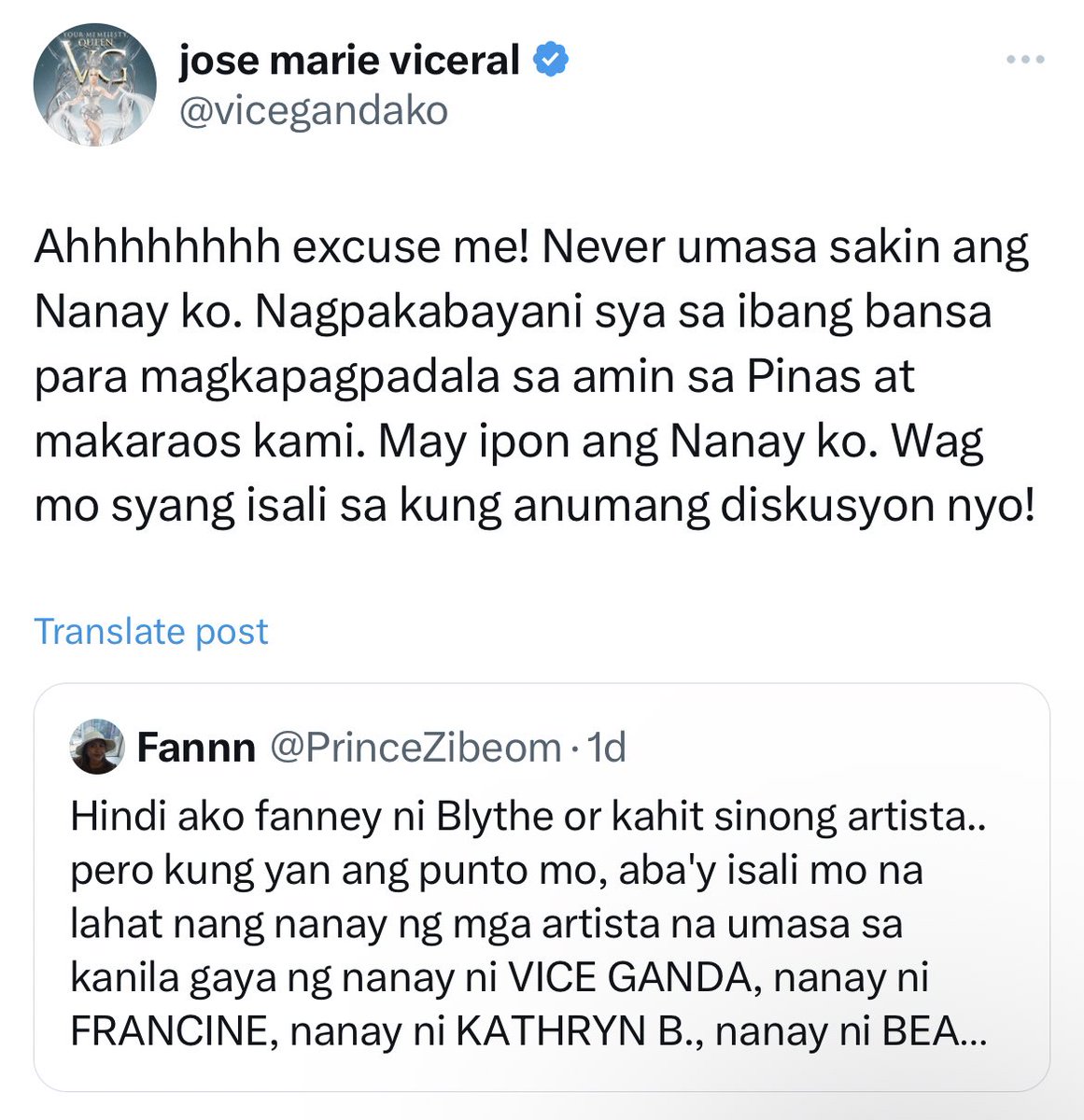 soowonbaby's tweet photo. I think she misinterpreted this! I didn't think of anything bad naman kasi sa word na "umasa". Di nya lang siguro nabasa yung whole tweet where I only replied to a netizen who bad-mouthed Blythe's Mom. Masyadong nakafocus sa word na "umasa". But it's okay, nobody is perfect. 🥰 https://t.co/xokR9y7P6T