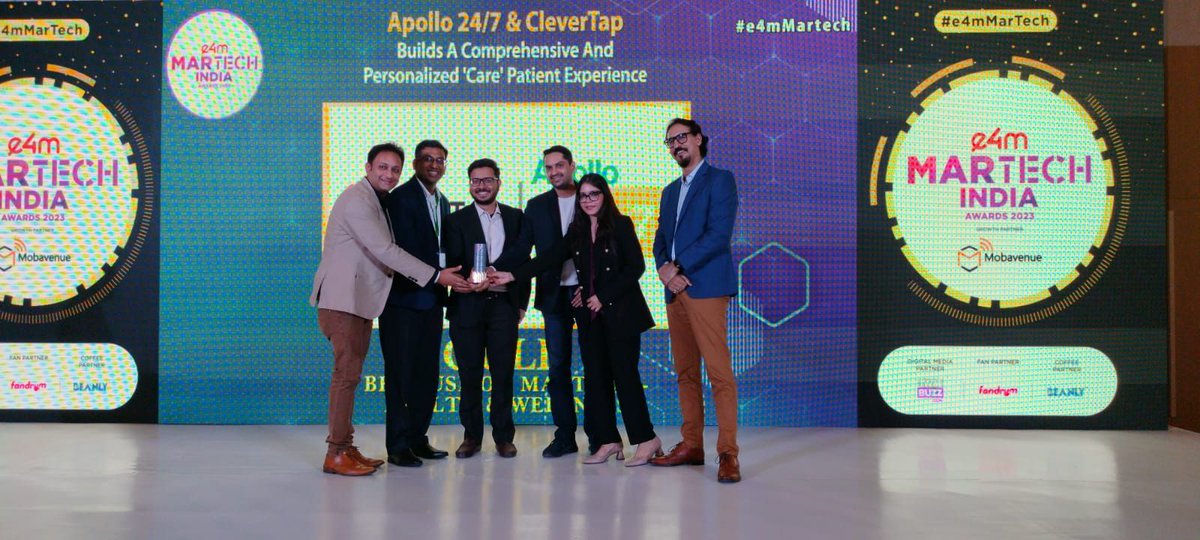 e4mevents's tweet photo. Many Congratulations to the outstanding achievers of the #e4mMartech Awards🌟
Category - Best Use of MarTech - Health & Wellness
Winners - @WebEngage @Charak_Pharma
@akshaygurnani
@CleverTap @Apollo24x7
@Mobavenue_
#e4mAwards #MartechAwards https://t.co/9nwTLD1bgl