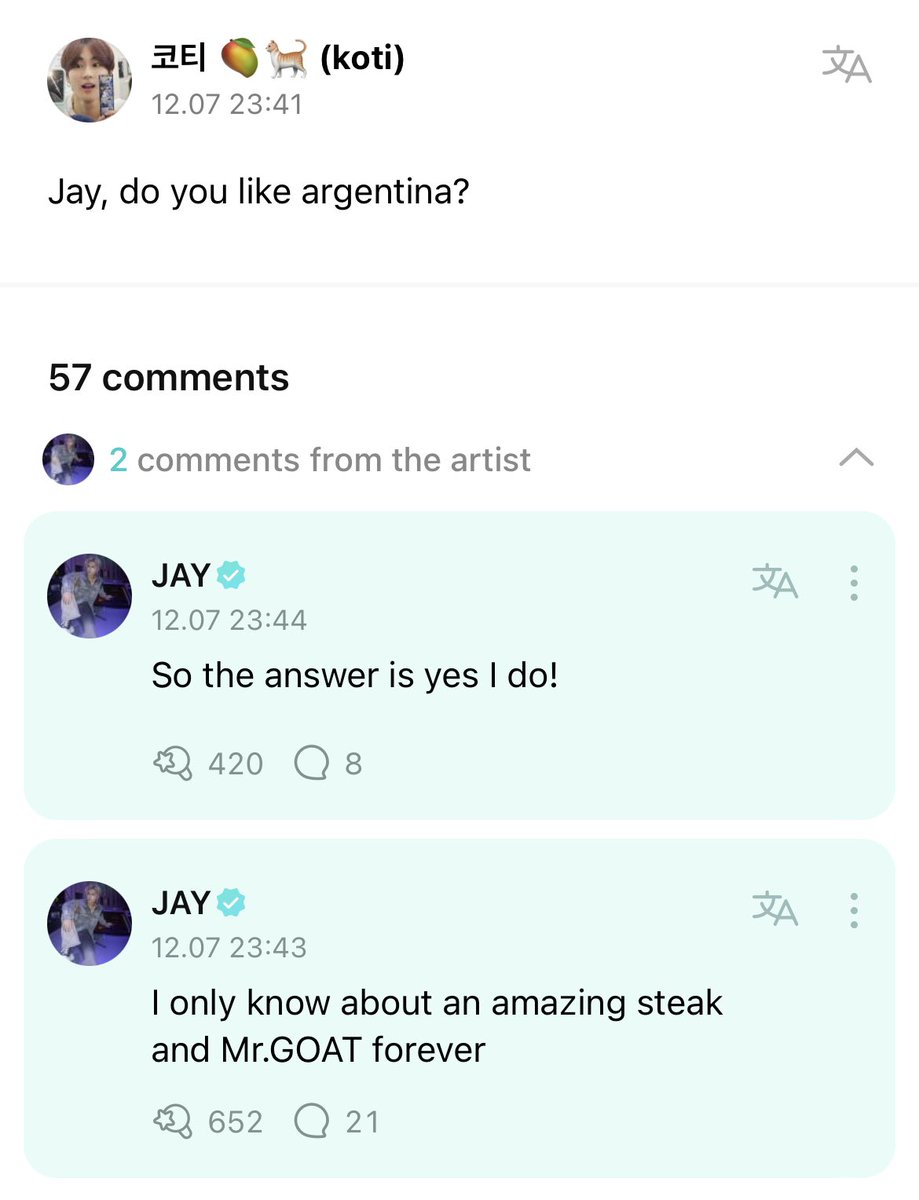 [ #제이’s Reply ] 231208 OP: Jay, do you like argentina? 🐈‍⬛: I only know about an amazing steak and Mr.GOAT forever 🐈‍⬛: So the answer is yes I do! @ENHYPEN_members @ENHYPEN #ENHYPEN #엔하이픈 #JAY