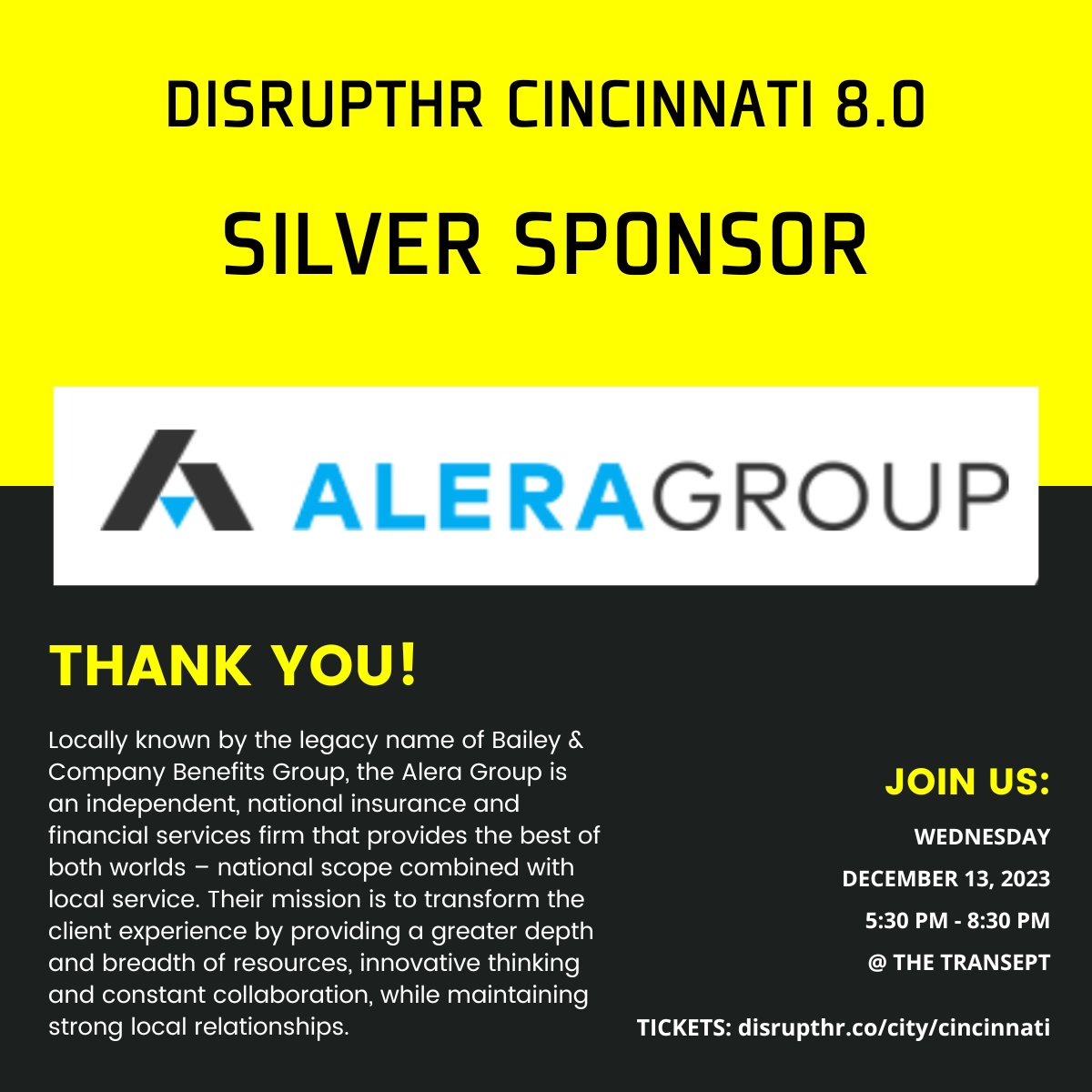 DisruptHR Cincinnati 8.0 on December 13, 2023 is proud to be supported by the Alera Group!

Join us at DisruptHR Cincinnati 8.0 -> disrupthr.co/city/cincinnat…

#DisruptHR #DisruptHRCincy #CincySHRM #Cincinnati #CincinnatiEvents