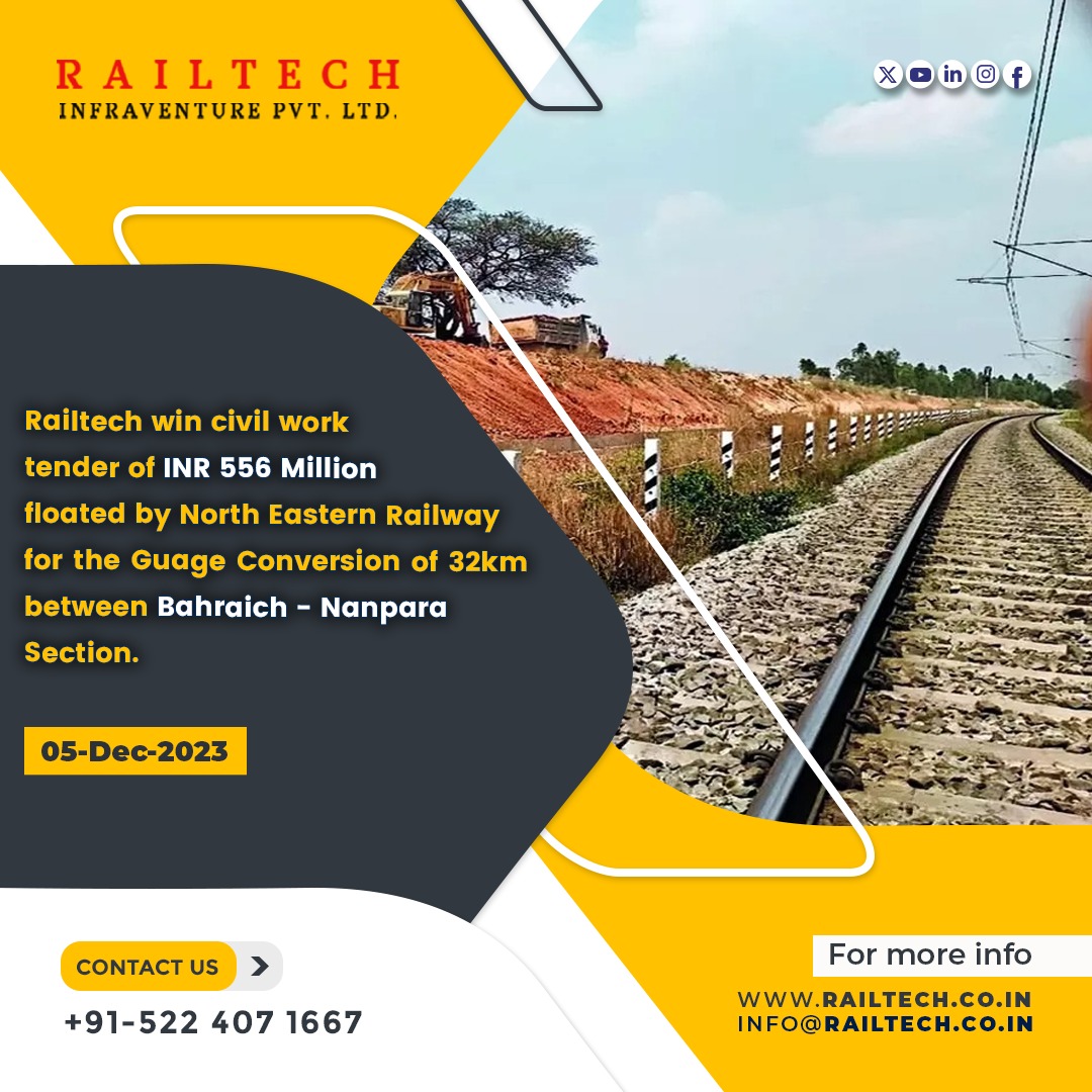 RIPL_Official's tweet photo. Railtech win a new project with the North Eastern Railway on 5-Dec.-2023. The area included is between the Bahraich - Nanpara section.

For more info visit us at - https://t.co/Dm8lhbFSmK
#new #newproject #RailTech #railways #tender #win #team #civilwork #work #india https://t.co/g8ABqzxvLB