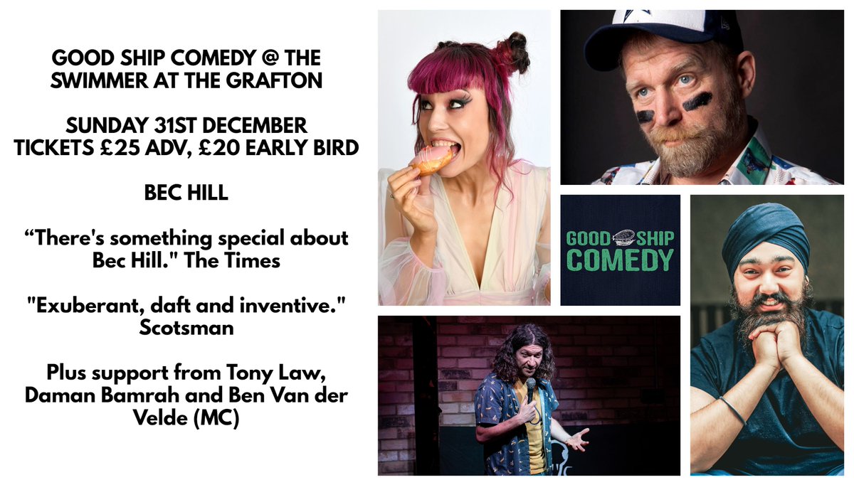 Looking for a guaranteed good time this New Year's Eve? Join us @SwimmerN7 and kickstart your celebrations with some of the daftest, funniest comics in the land: @bechillcomedian @mrTonyLaw @dsbamrah @VanderLaugh Get in quick for early bird tickets: bit.ly/3RbjT70