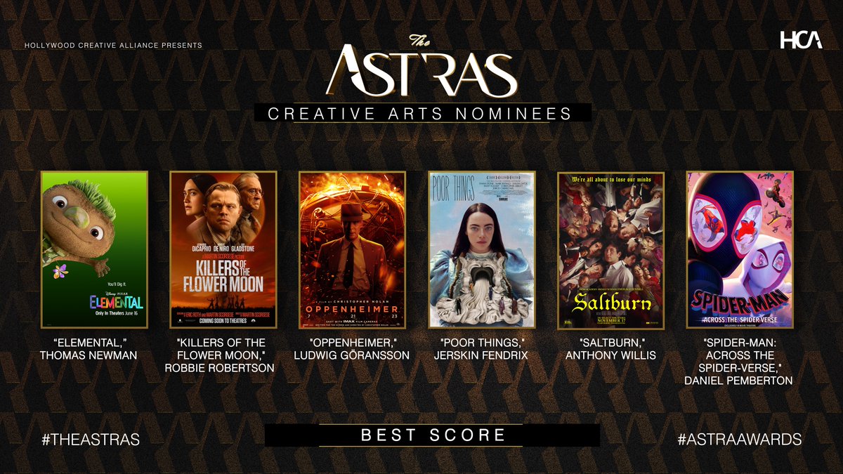 TheAstraAwards's tweet photo. The nominees for Best Score are:

Thomas Newman, “Elemental"

Robbie Robertson, "Killers of the Flower Moon"

Ludwig Göransson, "Oppenheimer"

Jerskin Fendrix, "Poor Things"

Anthony Willis, "Saltburn"

Daniel Pemberton, "Spider-Man: Across the Spider-Verse"

#TheAstras #AstraAwards #HCAAwards #Saltburn #SpiderManAcrossTheSpiderVerse #PoorThings #Oppenheimer #KOTFM #Elemental