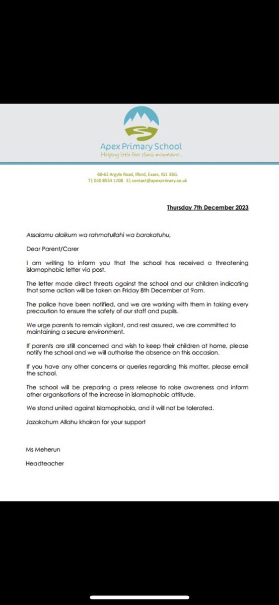 tsh97__'s tweet photo. There’s a threat to an Islamic school in Ilford too https://t.co/euosLfC88c