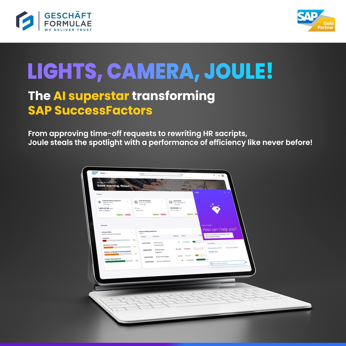 Step into the future of HR with Joule—the AI luminary transforming SAP SuccessFactors! 🌟 #SAPIntegration #sapgrowth #SAP #GeschaftNavigates #SAPS4HANACloud #GeschaftTransforms #JouleEfficiency