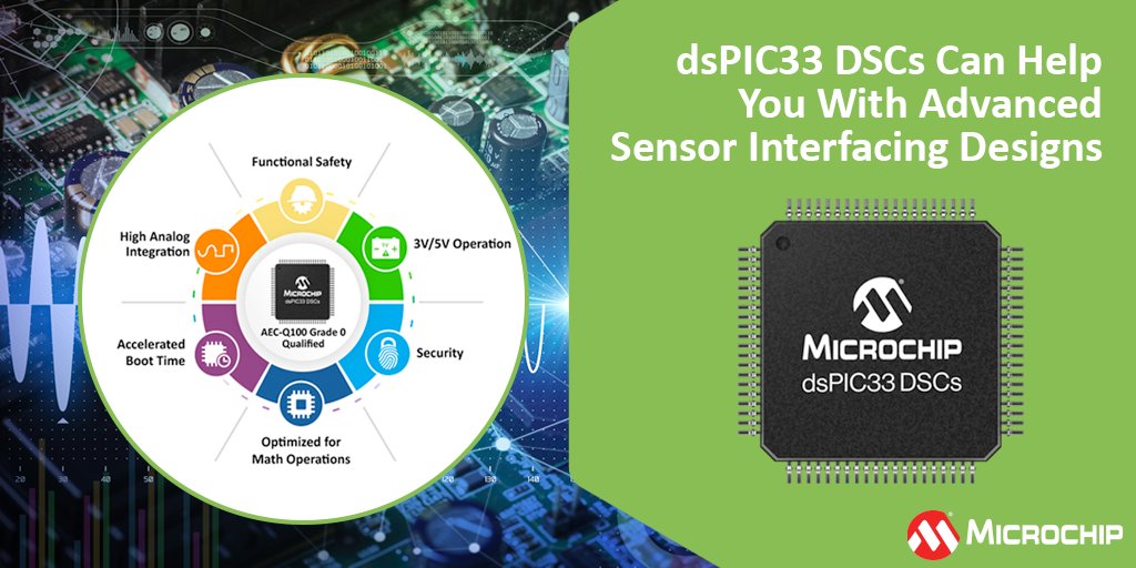 Implement advanced sensor interfacing applications using our dsPIC® Digital Signal Controllers equipped with an enhanced CPU with 100 MHz performance and DSP engine for real-time signal calibration and processing. Watch here: mchp.us/417kbjP. #microcontrollers #sensors