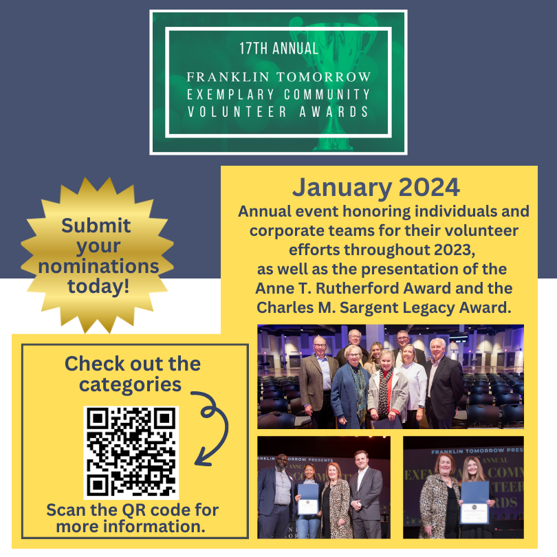 Franklin2morrow's tweet photo. Nominations are now open in a number of categories for the 17th Annual @Franklin2morrow Exemplary Community Volunteer Awards, which will be held in January at the Franklin Theatre on Franklin’s Main Street.

Nominate a deserving volunteer TODAY:
https://t.co/nUjrMpBoDf https://t.co/sPBVvMIyzb