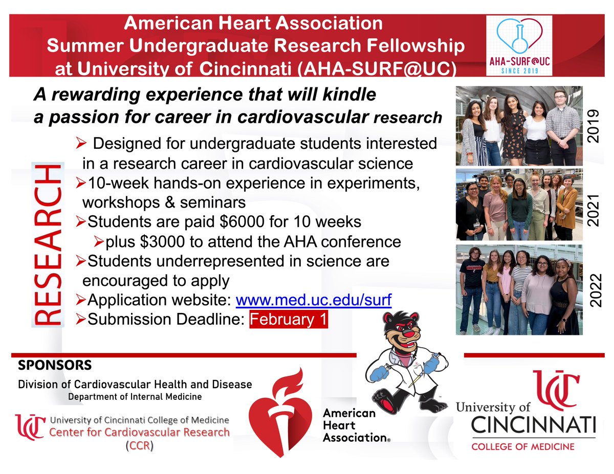 Sakthivel Sadayappan, PhD, MBA (@sadayappanlab) on Twitter photo What an exciting summer research opportunity for UG students interested in a #cardiovascular career! Hands-on research experience, workshops, seminars, social activities, and attending the AHA Scientific Sessions. <a href="/AHAScience/">AHA Science</a> <a href="/AHAMeetings/">AHAMeetings</a> <a href="/UCincyMedicine/">UC College of Medicine</a> <a href="/AmHeartOhio/">American Heart Association Ohio</a> <a href="/UCResearch/">University of Cincinnati Office of Research</a> What an exciting summer research opportunity for UG students interested in a #cardiovascular career! Hands-on research experience, workshops, seminars, social activities, and attending the AHA Scientific Sessions. <a href="/AHAScience/">AHA Science</a> <a href="/AHAMeetings/">AHAMeetings</a> <a href="/UCincyMedicine/">UC College of Medicine</a> <a href="/AmHeartOhio/">American Heart Association Ohio</a> <a href="/UCResearch/">University of Cincinnati Office of Research</a>