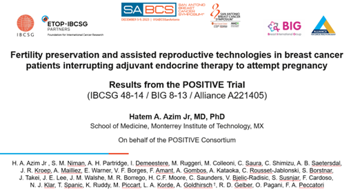 Patients with HR-positive BC can use fertility preservation and assisted reproductive technologies to conceive without an increased short-term risk of recurrence. Results of the IBCSG 48-14/BIG 8-13 POSITIVE trial presented today at #sabcs2023