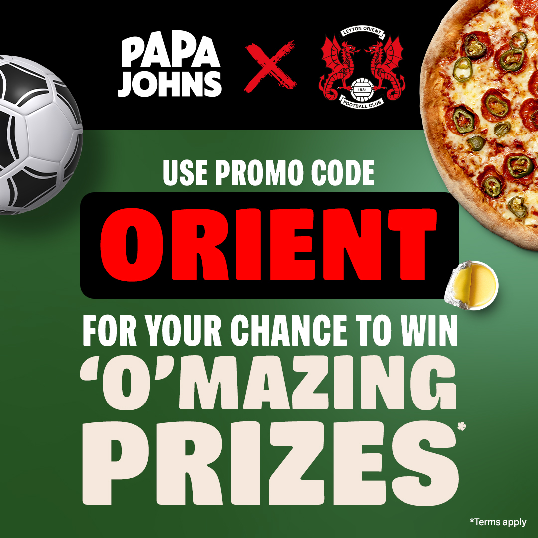 Leyton Orient FC (@leytonorientfc) on Twitter photo Fancy having an O's player hand deliver some delicious <a href="/PapaJohnsUK/">Papa Johns UK</a> pizza to you? ๐
To enter, simply:
1. Head to papajohns.co.uk
2. Use promo code: 'ORIENT'
3. Grab ANY large pizza for only ยฃ10!
Closes 11pm - 13th Dec.
Ts&Cs: bit.ly/46Nc798
#LOFC #OneOrient Fancy having an O's player hand deliver some delicious <a href="/PapaJohnsUK/">Papa Johns UK</a> pizza to you? ๐
To enter, simply:
1. Head to papajohns.co.uk
2. Use promo code: 'ORIENT'
3. Grab ANY large pizza for only ยฃ10!
Closes 11pm - 13th Dec.
Ts&Cs: bit.ly/46Nc798
#LOFC #OneOrient
