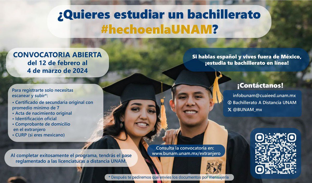 Si hablas español y vives fuera de México, ¡estudia tu bachillerato en línea! Con @BUNAM_mx 
Para más información consulta bunam.unam.mx/extranjero/ 
#BUNAM #hechoenlaUNAM #EducaciónParaTodasyTodos  #EducaciónADistancia #EducaciónIME