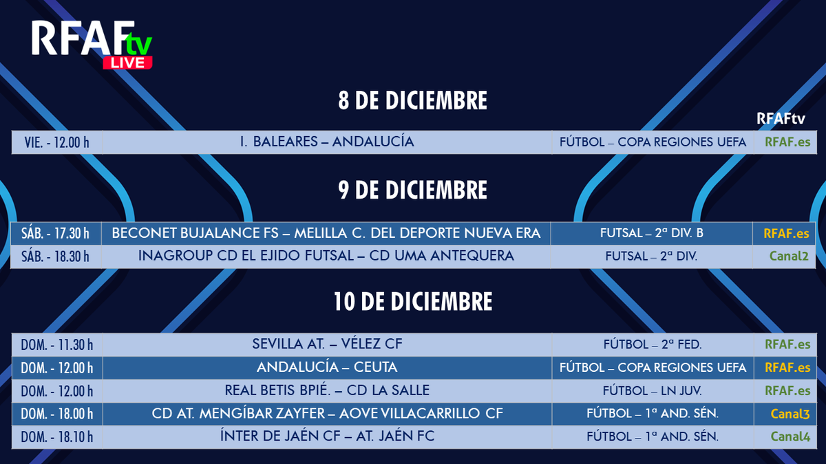 RFAF's tweet photo. 📢 El #fútbol y #futsal no para en @RFAF_tv y, además de la #CopaRegionesUEFA podrás disfrutar de estos encuentros este fin de semana:
✅ #SegundaFederación
✅ #SegundaFS
✅ #SegundaBFS
✅ #PrimeraAndaluzaSénior
✅ #LNJ
📺 Todo en #RFAFtv o en https://t.co/b4rjnyEHbu https://t.co/StQl2RUHLh