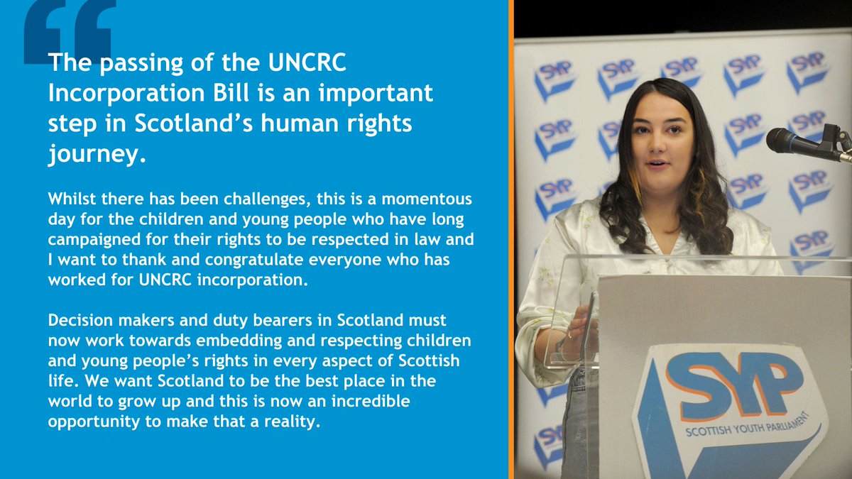 The UNCRC Scotland Bill has been passed unanimously by the Scottish Parliament! 🎉🎉

SYP Chair, @molliemsyp said: "We want Scotland to be the best place in the world to grow up and this is now an incredible opportunity to make that a reality.”

More here: syp.org.uk/uncrc-incorpor…