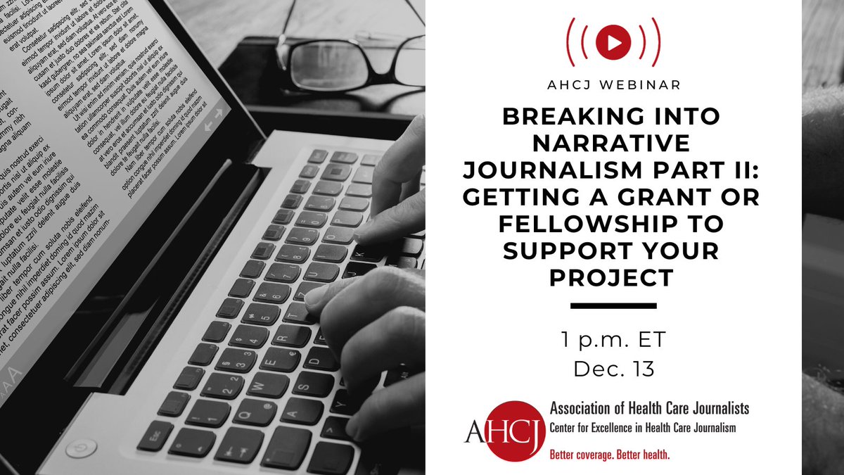 AHCJ's tweet image. 🗓️ Join us on Dec. 13 at 1 p.m. ET for part two of a webinar series about breaking into narrative journalism. For this one, we’ll talk about how to get that project funded with grant or fellowship money.

healthjournalism.org/event/breaking…