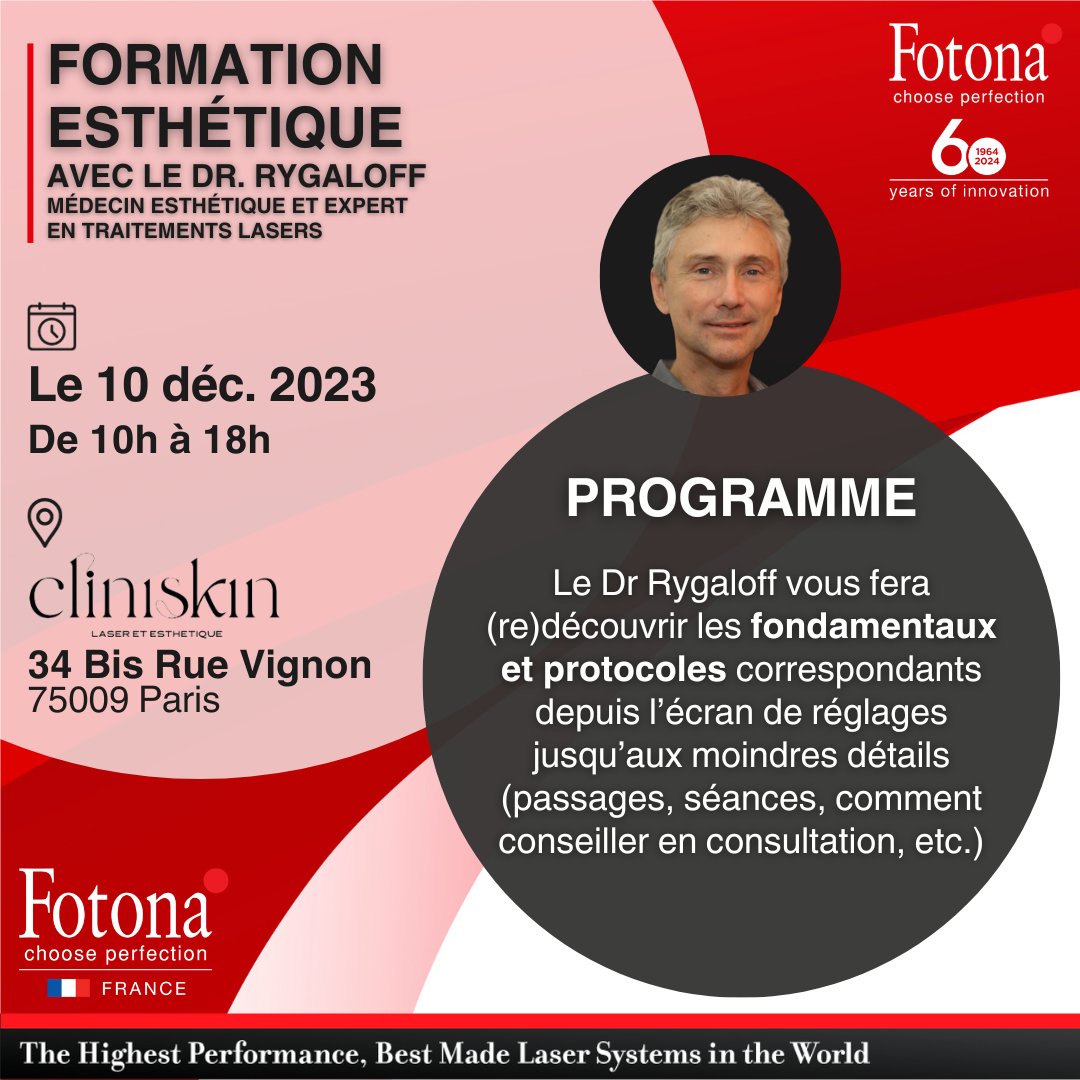 FotonaFrance's tweet image. [ Formation avec le Dr. Rygaloff ]

Journée de formation avec le Dr. Rygaloff le 10 décembre 2023 de 10h à 18h à Cliniskin, Paris. 

Inscrivez-vous dès maintenant !

#FormationMedicale #FotonaFrance #Medecins #LasersMédicaux #InnovationEsthétique #Fotona #Laser