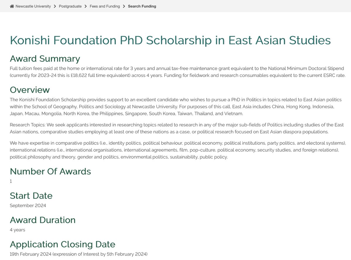 Want to study for a PhD in the Politics of East Asia (🇨🇳🇭🇰🇮🇩🇯🇵🇲🇴🇲🇳🇰🇵🇵🇭🇸🇬🇰🇷🇹🇼🇹🇭🇻🇳) @Nclpolitics? We're pleased to announce applications open for Konishi Foundation PhD Scholarship Details: ncl.ac.uk/postgraduate/f… Expressions of interest 5/2/24. Closing date 19/2/24.