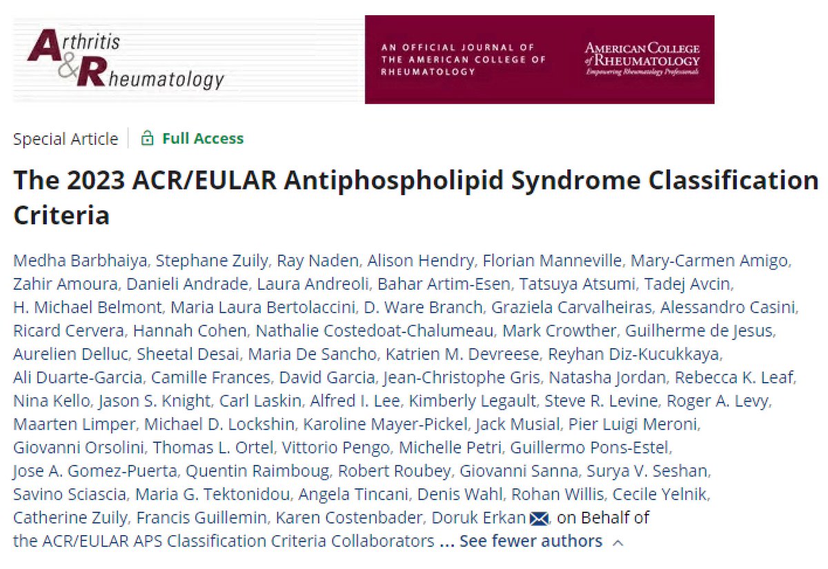 #MedTwitter 'Recently published 2023 ACR/EULAR Antiphospholipid Syndrome Classification Criteria reflect the current thinking about APS, providing high specificity and a strong foundation for future APS research.' — Doruk Erkan, MD, MPH (@DorukErkanMD) pubmed.ncbi.nlm.nih.gov/37635643/